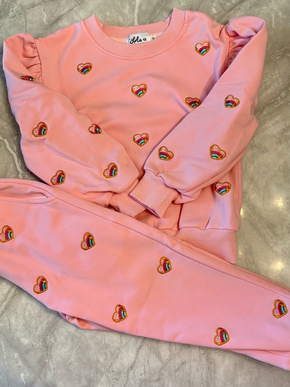 Lola + The Boys Pink Rainbow Heart Embroidered Outfit Size 4